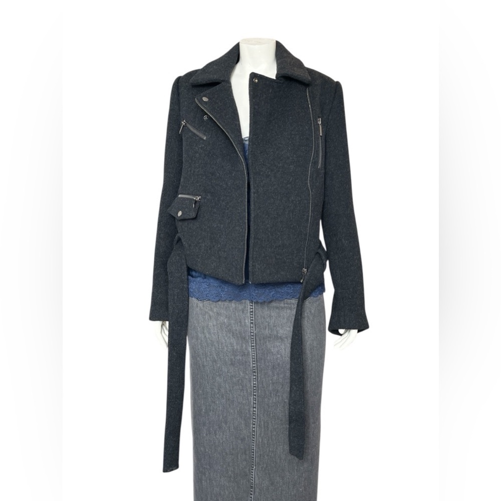 Thomas Wylde Charcoal Gray Wool Moto Coat With Belt and Zip Details Size Small